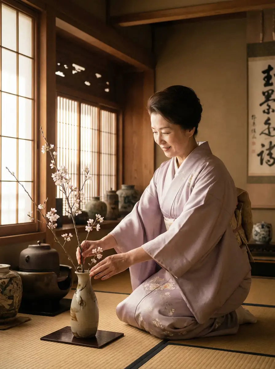 一位优雅的 51短视频 在和室中插花